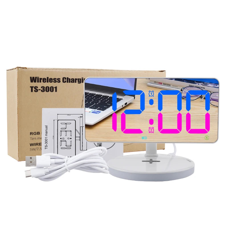 2 Groups of Alarms Display Week on the Screen Digital Led Alarm Clock Night Light Magnetic Wireless Charger