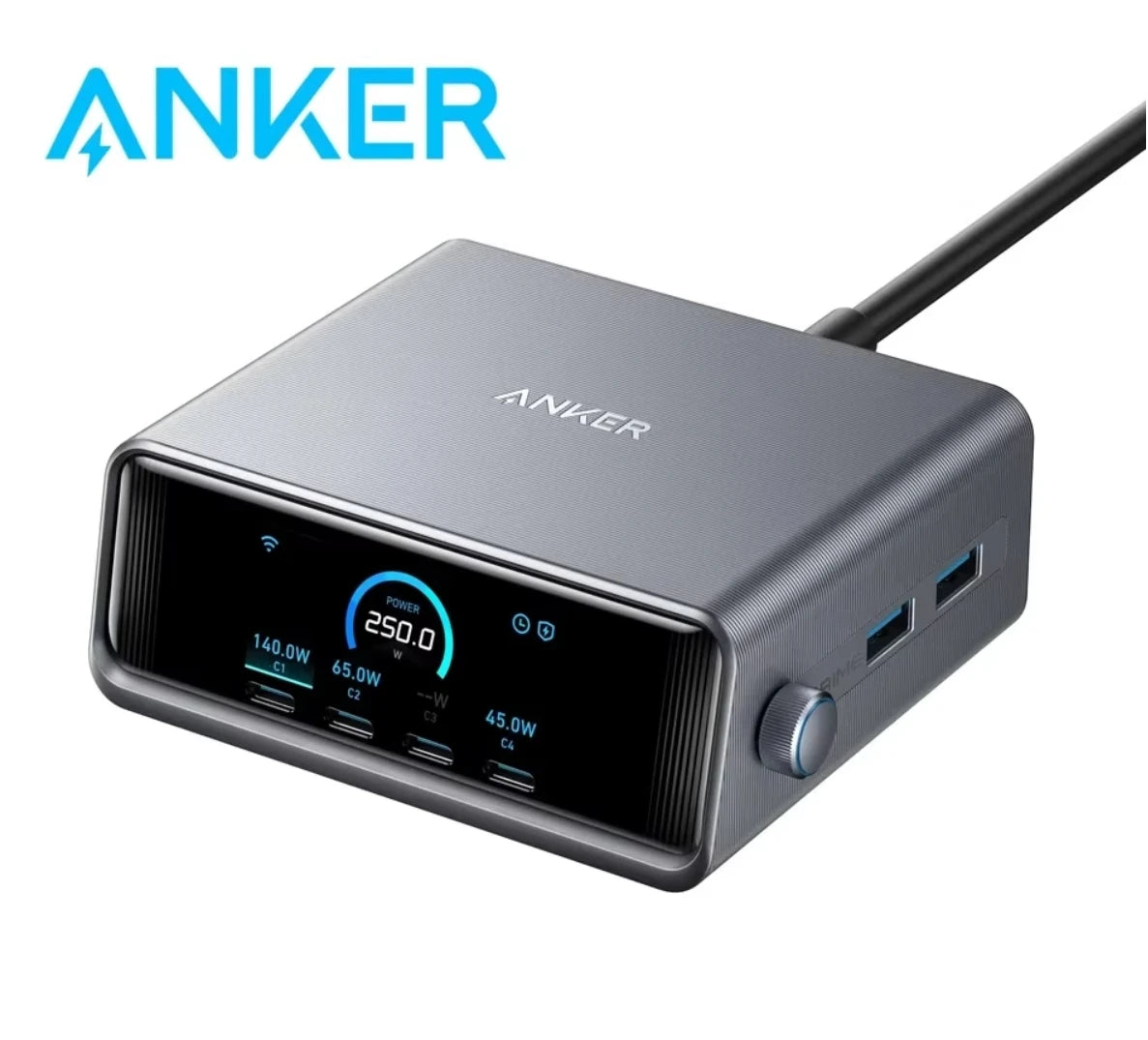 Anker Prime Charger 250W GaN Ultra-Fast 6-Port USB C Charging Station with 2.26\" LCD Display and Smart Control Dial A2345