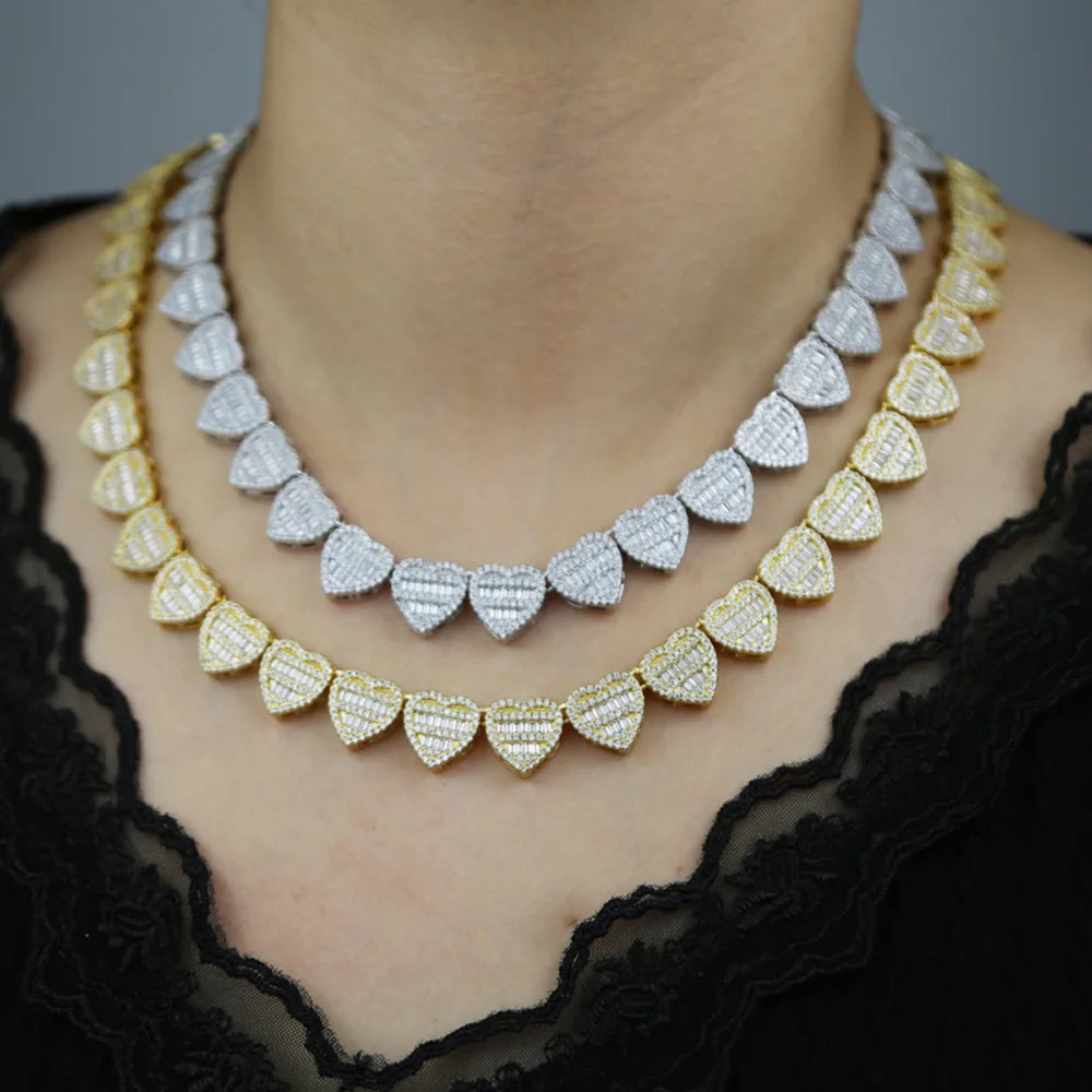Fashion Bling Bling Baguette Stones Heart Necklace Iced Out Baguette Necklace Full CZ Brass 18K Gold Plated Gift Jewelry