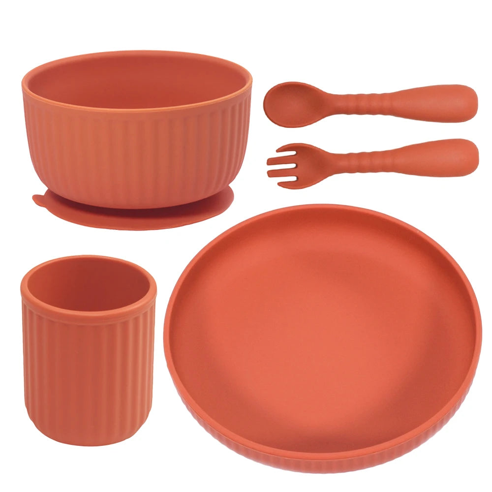 Unbreakable Microwave Safe Slip Resistant Flexible Silicone Baby Toddler Plate Suction Bowl Spoon and Fork Feeding Set