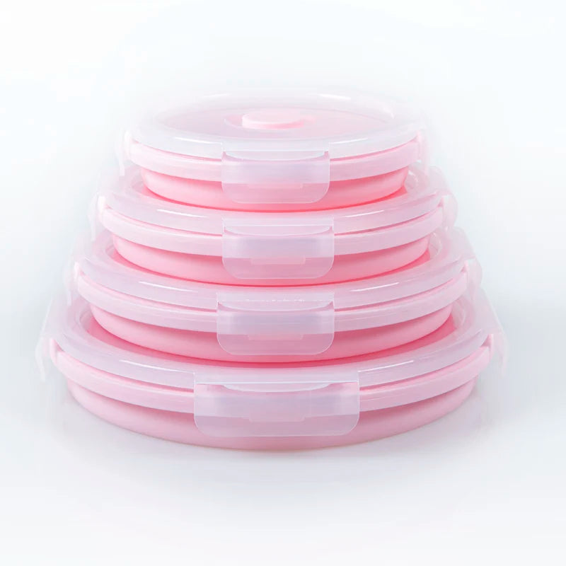 BPA Free Collapsible Silicone Folding Lunch Box with Plastic Lid for Food Storage in Kitchen