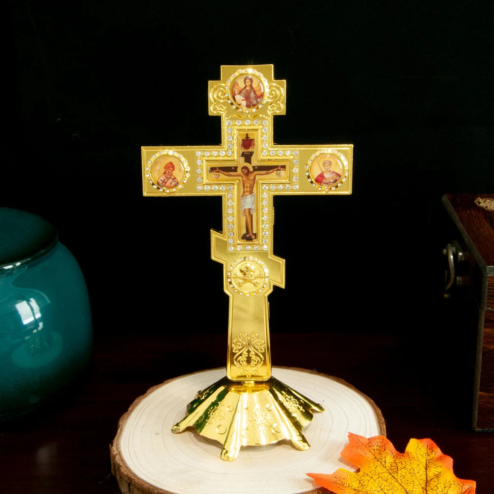 Orthodox Church Blessing Cross With Stand for Church Decoration Gold Planting Jesus Crucifix Image Religion Gift Altar Cross