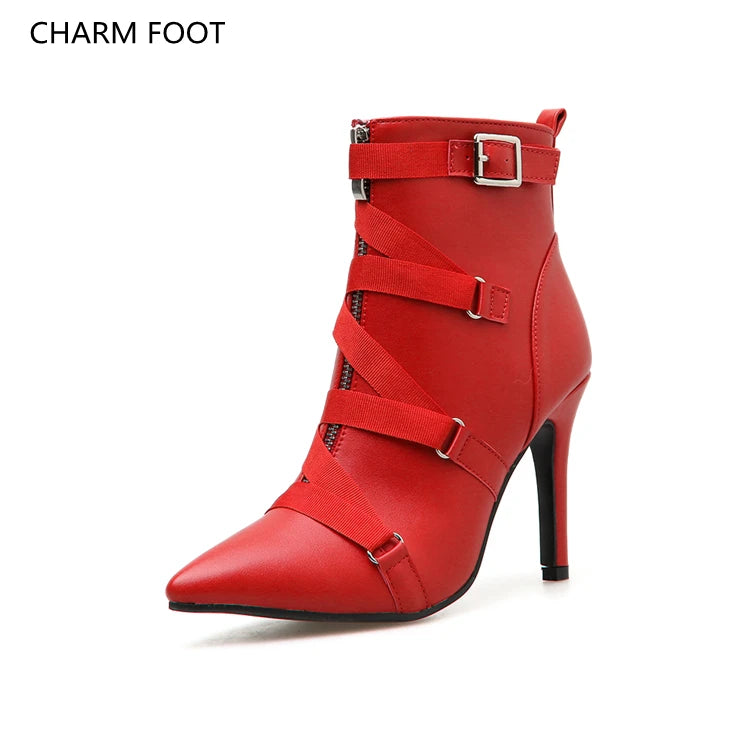 Cross Border European and American Model sharp Scalp Buckle High Heel Women's Boots Large Size Fashion Personality
