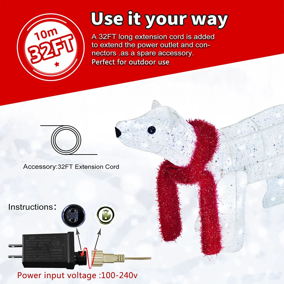 Christmas decorative lights - white glowing polar bear set - indoor and outdoor, for use on lawns and gardens