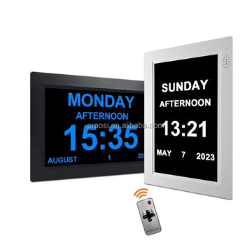 Pros 8" Elderly Digital Calendar Day Clock Auto DST Analogue Dementia Clock Custom Alarms Medication Reminders Remote Control