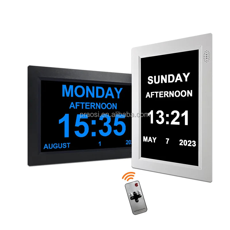 Pros 8" Elderly Digital Calendar Day Clock Auto DST Analogue Dementia Clock Custom Alarms Medication Reminders Remote Control