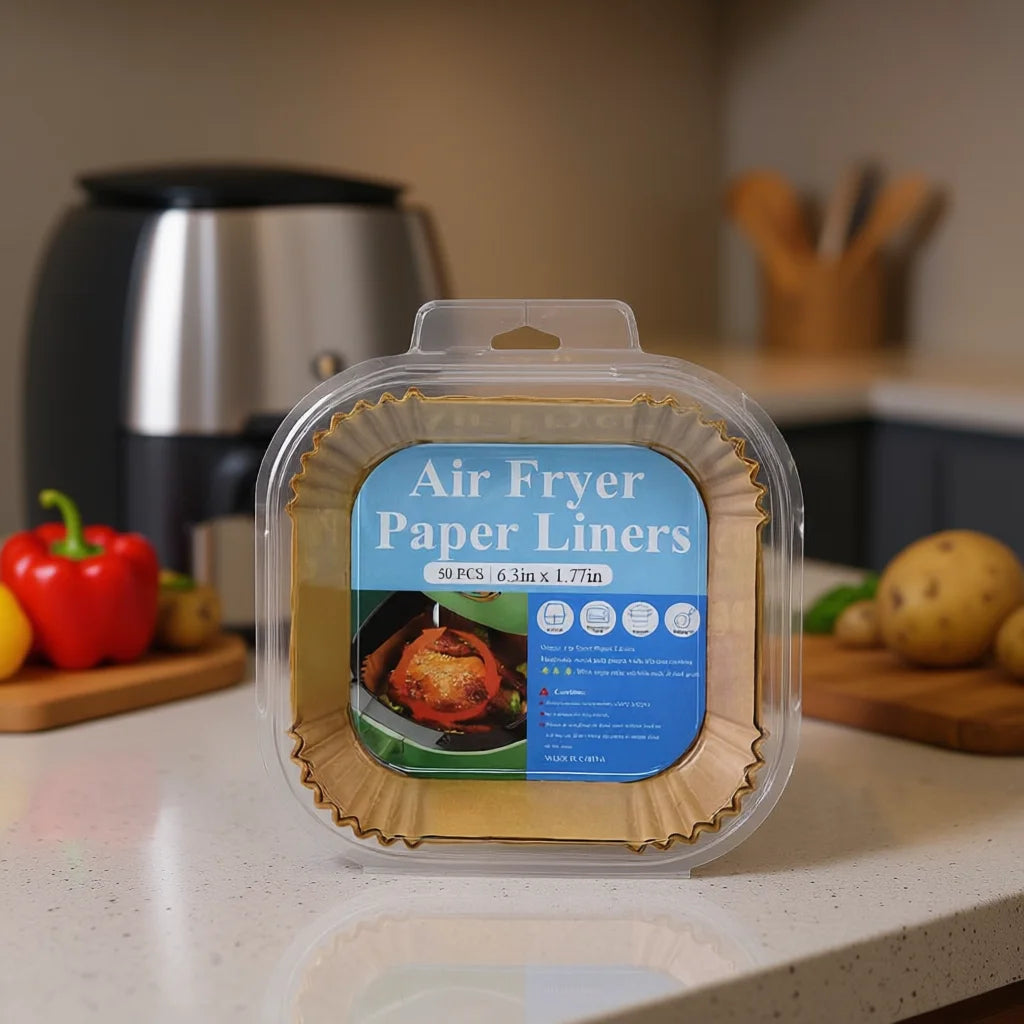 Air Fryer Paper Liners 50-Pack Disposable Non-Stick Baking Cups 6.3 x 1.77 Inch Square Ceramic Coated for Easy Cleanup GDL Ze-12