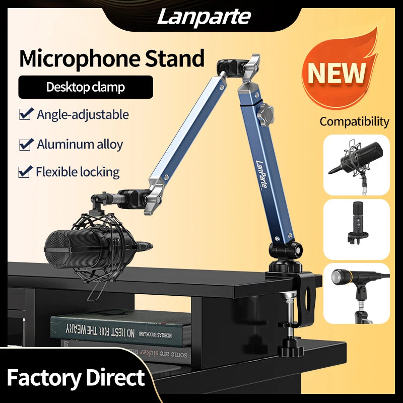 LanParte Aluminum Alloy 360 Degree Adjustable Podcast Microphone Stand Holder with Desktop Clamp Mount