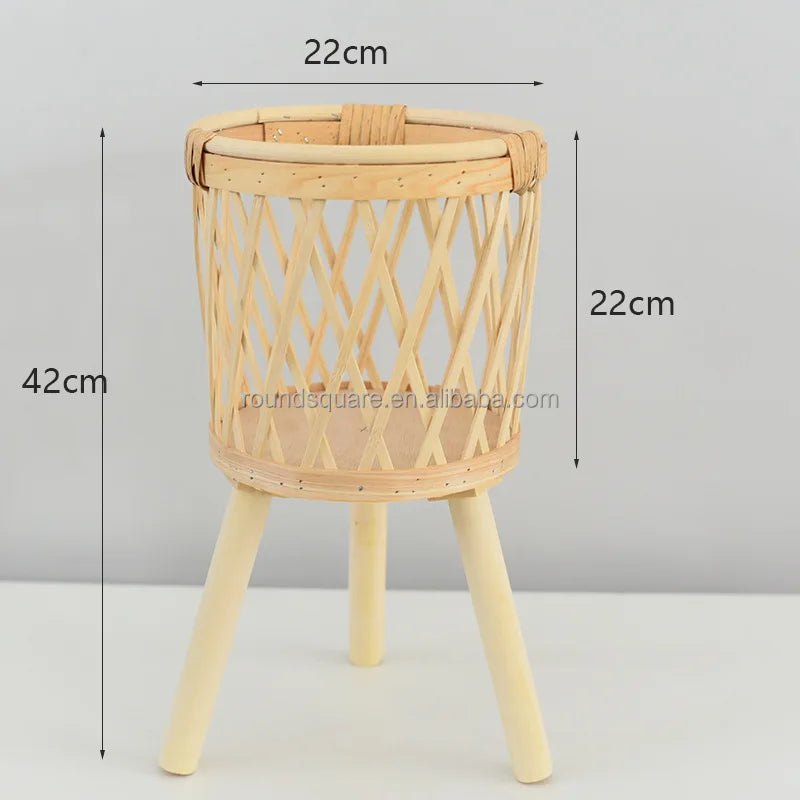 RTS Bamboo Woven Flower Pot Wood Plant Stand Wicker Rattan Plant Basket for Home Decor Balcony Living Room Functional Floor Vase