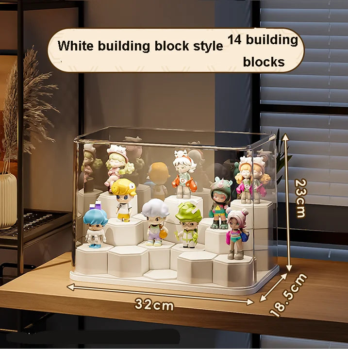 Modern Transparent Dustproof Acrylic Pop Mart Display Box Rectangle Blind Box Storage Stand PET Plastic Toy Building Tools