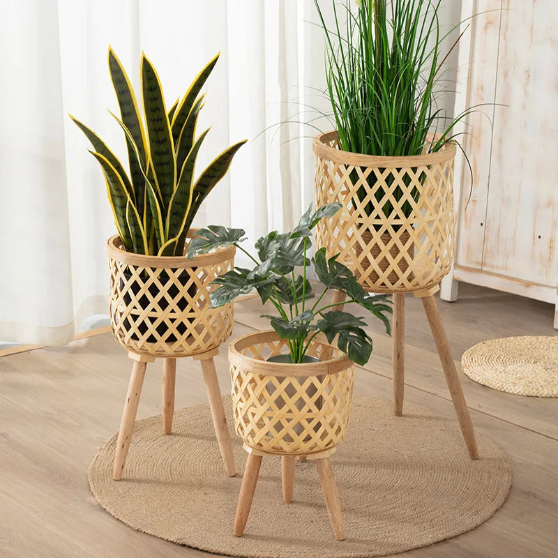 RTS Bamboo Woven Flower Pot Wood Plant Stand Wicker Rattan Plant Basket for Home Decor Balcony Living Room Functional Floor Vase