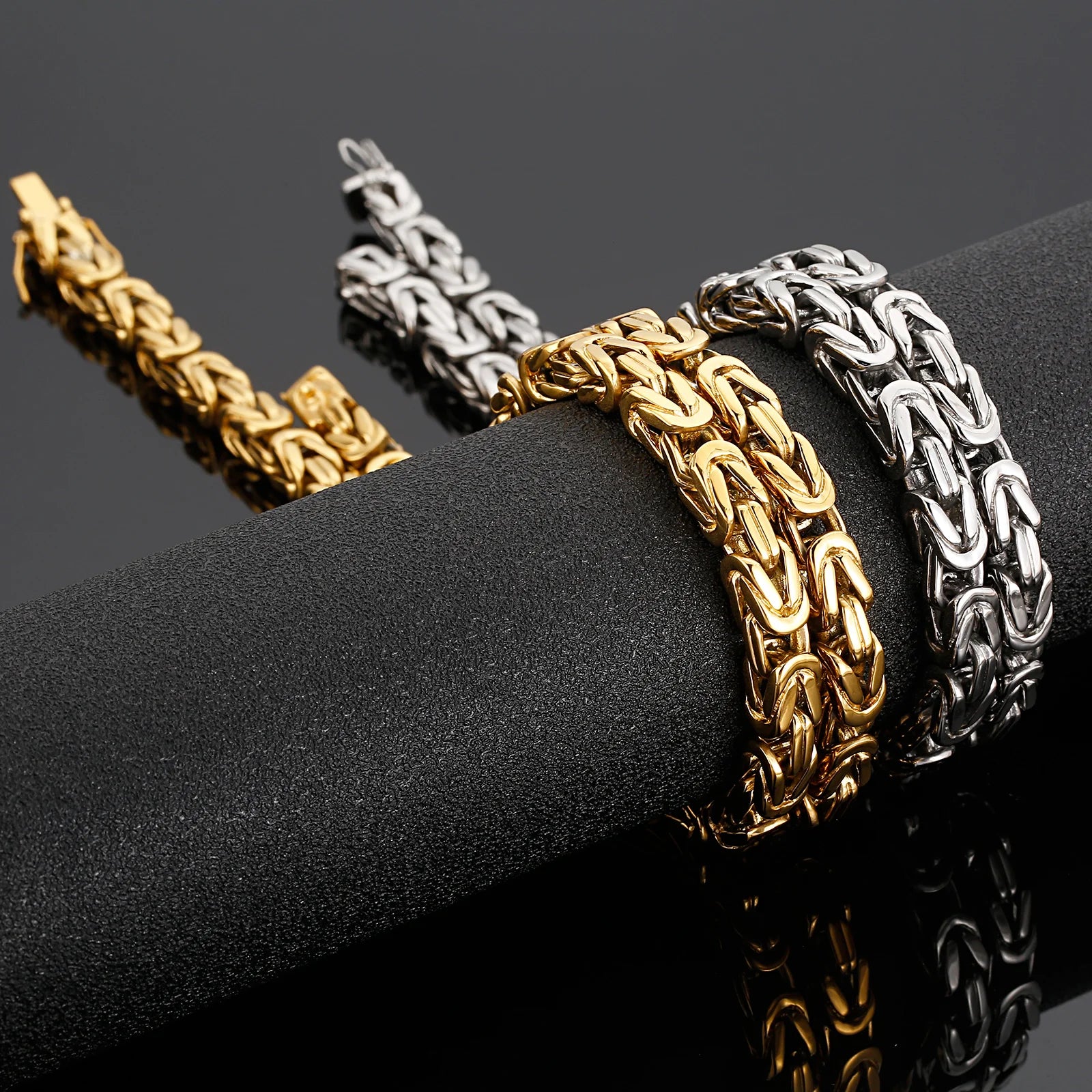 KALEN 8mm Byzantine Stainless Steel Flat Link Chain Silver Gold Byzantine Necklace for Men