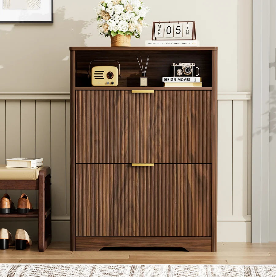Solid Wood Modern Shoe Cabinet Storage Entryway Hidden Shoes 2 Flip Drawers Tall Free Standing Shoe Organizer Rack Foyer