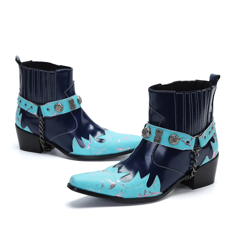 NA444 Personality Men's Genuine Leather Ankle Boots for Party and Wedding Botas Hombre High Heels Blue Navy Boots for Men