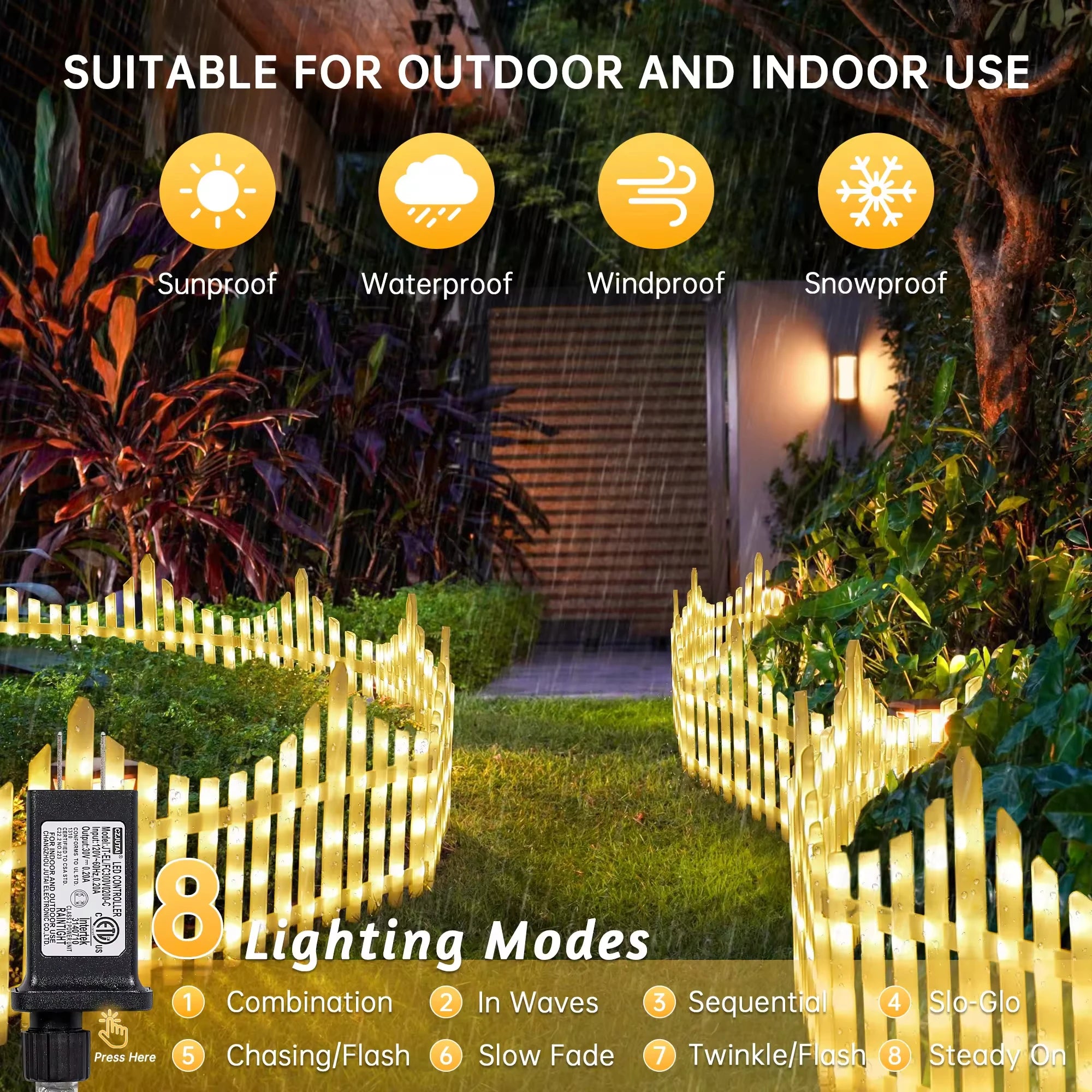 Waterproof Outdoor Solar & Plug Garden Fence Decorative Lighting for Christmas Tree and Courtyard Decoration