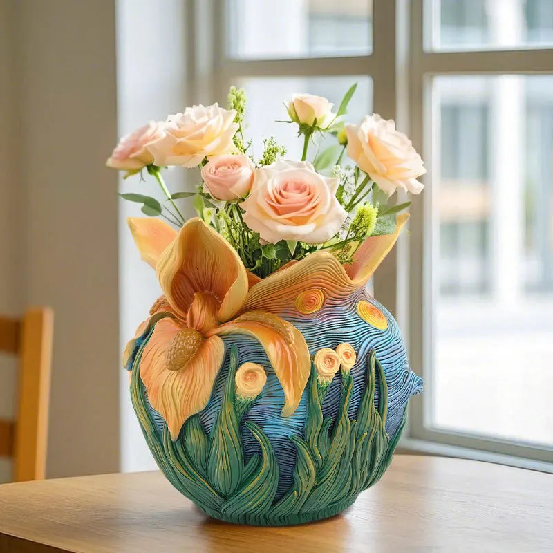 Van Gogh Art-Inspired Starry Night Decorative Vase Modern Floral Design for Home Tabletop and Living Room Ornament