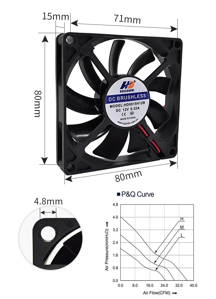 HDH Factory Wholesale 8015 DC 12V 1800RPM Ball Bearing Fans 80x80x15mm Silent Fan 80mm Fan Cooling for air Purifiers