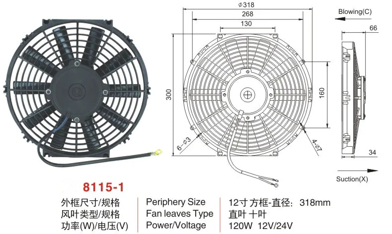 Automobile air conditioner cooling electronic fan,condenser fan 8,9,10,12,14 inches,80W  12v/24V