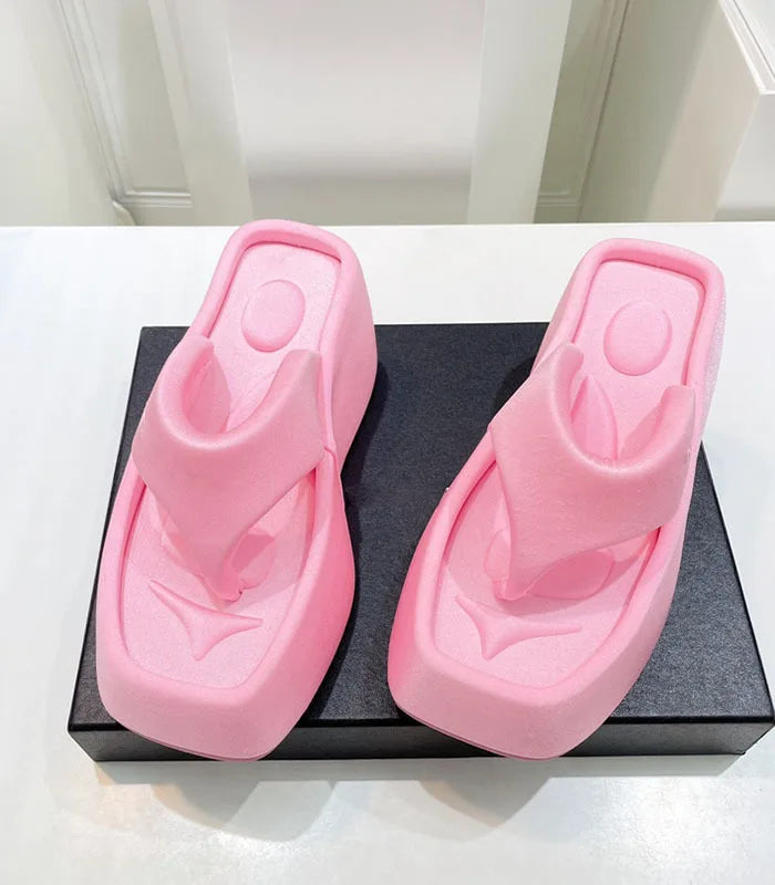 Women Spring Summer Sandals Beach Thick Sole Platform Slippers Slip-on Personalized Square Head High Wedge Flip Flops