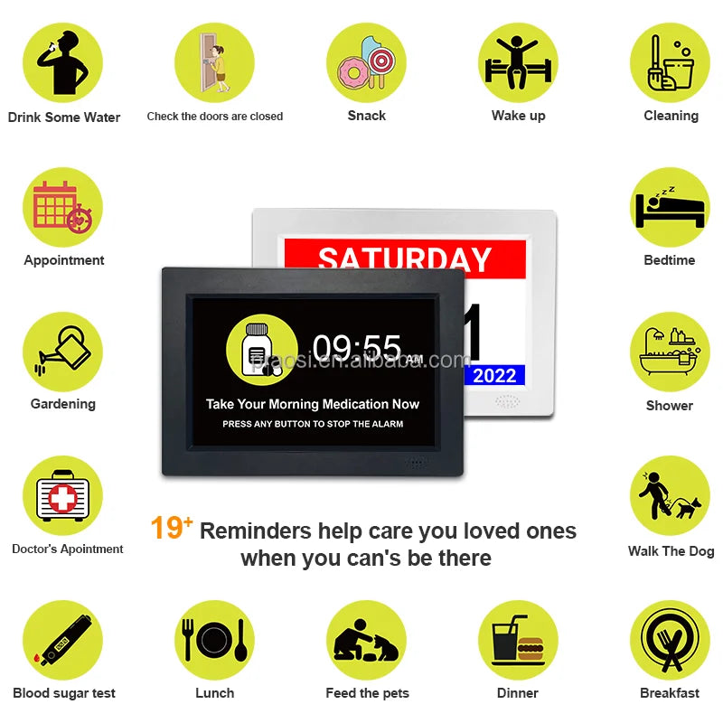 Pros 8" Elderly Digital Calendar Day Clock Auto DST Analogue Dementia Clock Custom Alarms Medication Reminders Remote Control