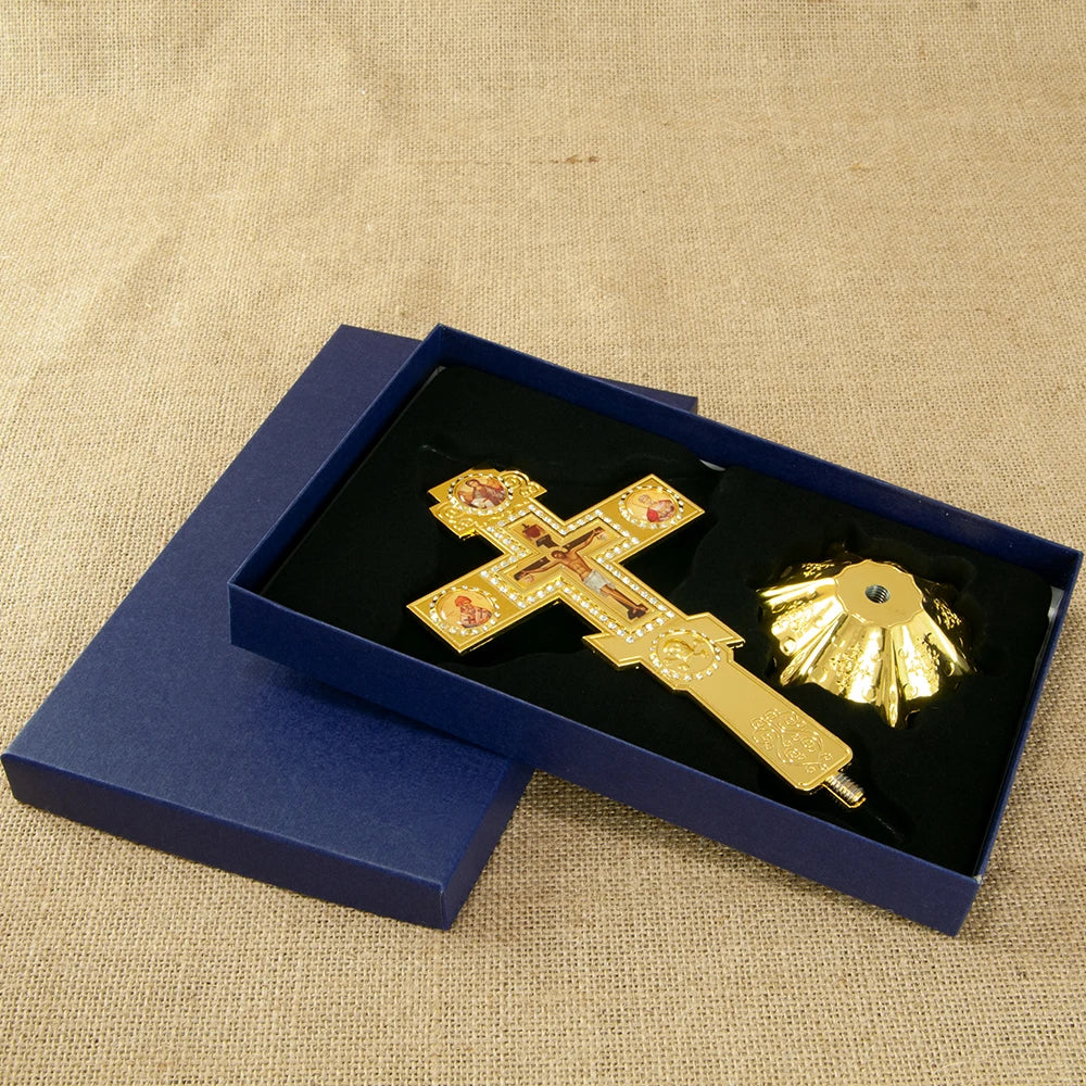 Orthodox Church Blessing Cross With Stand for Church Decoration Gold Planting Jesus Crucifix Image Religion Gift Altar Cross