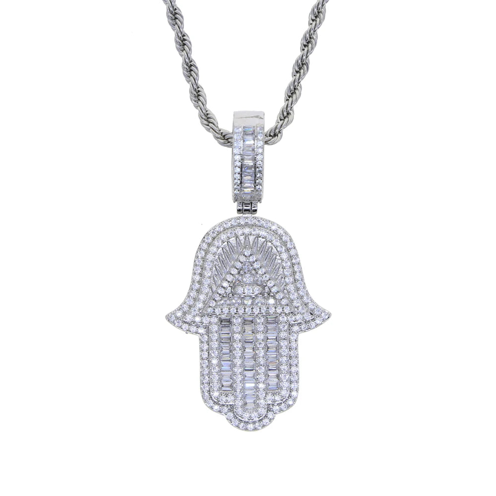 Hamsa Hand Pendant Collection Micro Pave 5a Cz Hip Hop Men Bling Lucky Turkish Jewelry Necklace