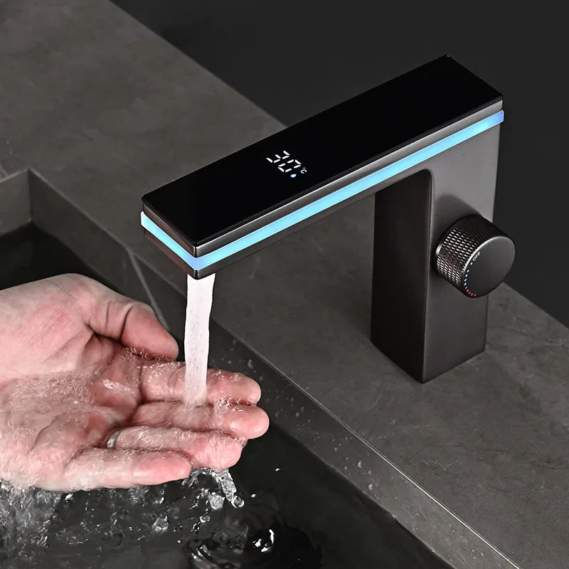 Hot Selling Brass LED  Ambient Light  Bathroom Washbasin Tap Intelligent Digital Display Hot and Cold Water Vanity Basin Faucet