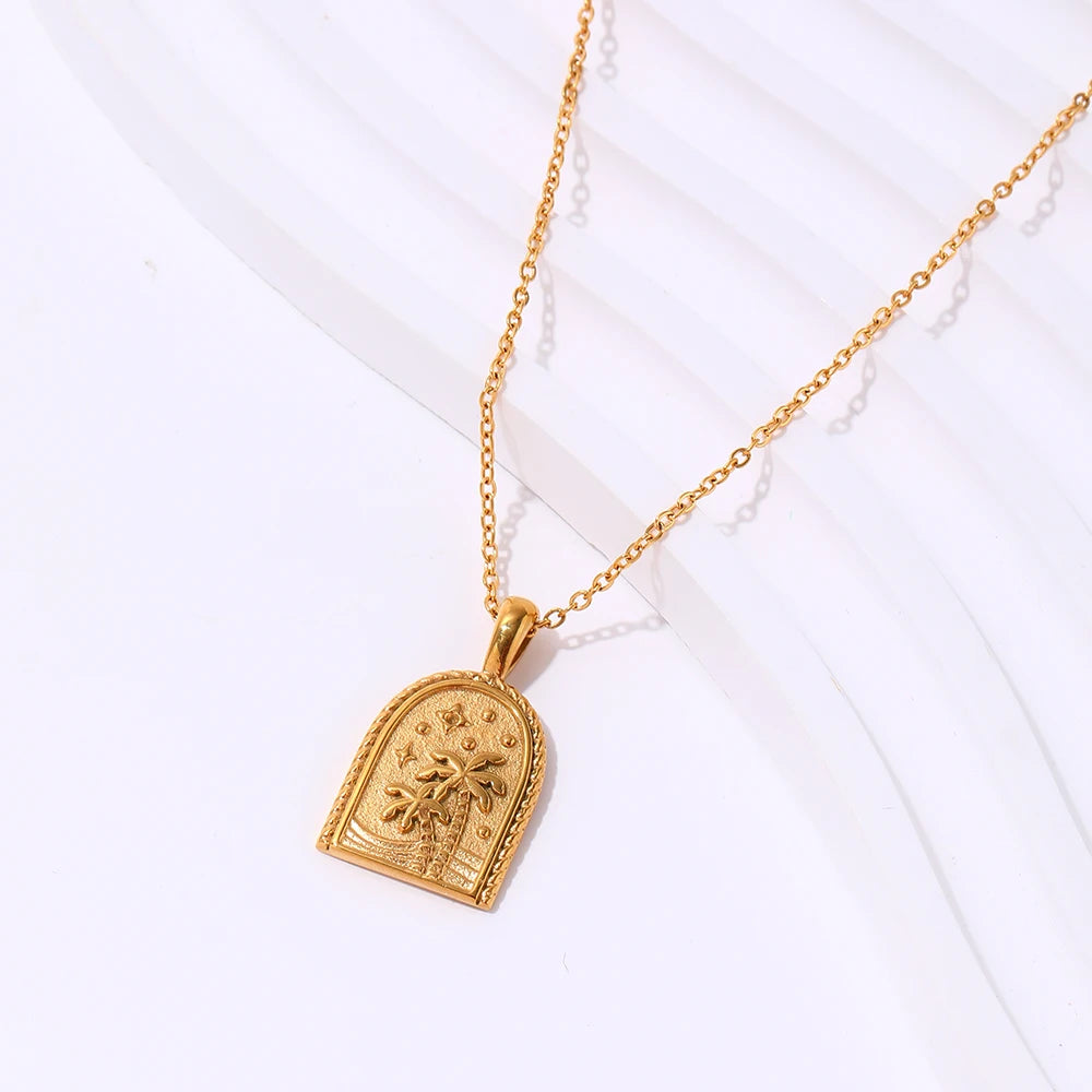 18K Gold Plated Waterproof  New PVD  Tarnish Free Stainless Steel Coconut Palm Tree Stainless Steel Pendant Necklace