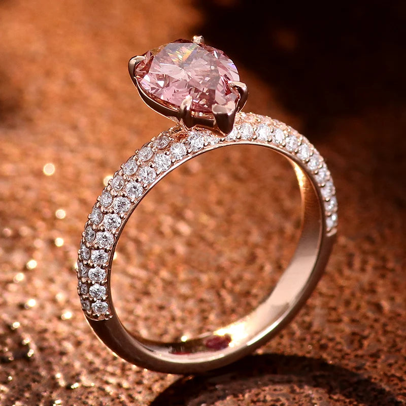 Fine Jewelry Rings Pear Cut pink Color 1 Cara Lab Diamond 18k Yellow Gold  Dainty Ring with Side Stones Ring for Woman Jewelry