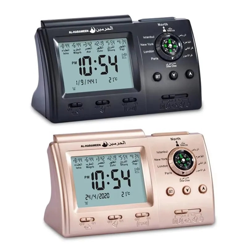 Muslim Tabletop Clock w Adhan Alarm Islamic Azan Time for Prayer Qiblah Direction Temp Display LED Light Hijir Calendar
