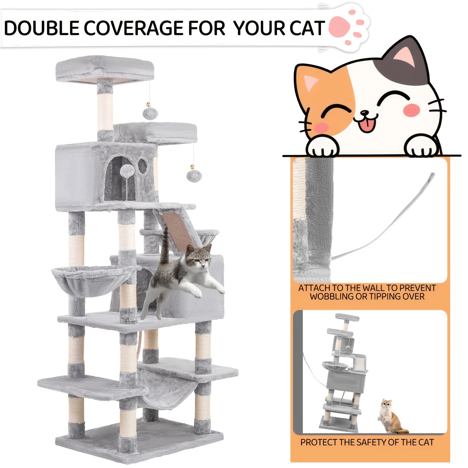 Extra-tall 67-inch Multi-tiered Tree Tower Heavy-duty Structure with Scratching Posts  Integrated cat Bed with Hanging Fur Balls
