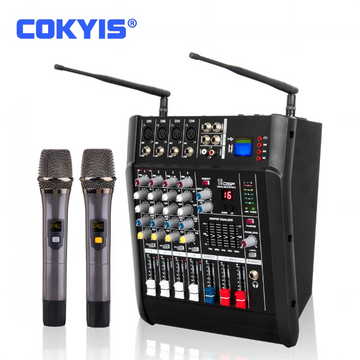 Professional Build-in Power Amplifier 4 Way Audio Mixer with Dual Wireless Microphones 4 Channel Power Powered Audio Mixer