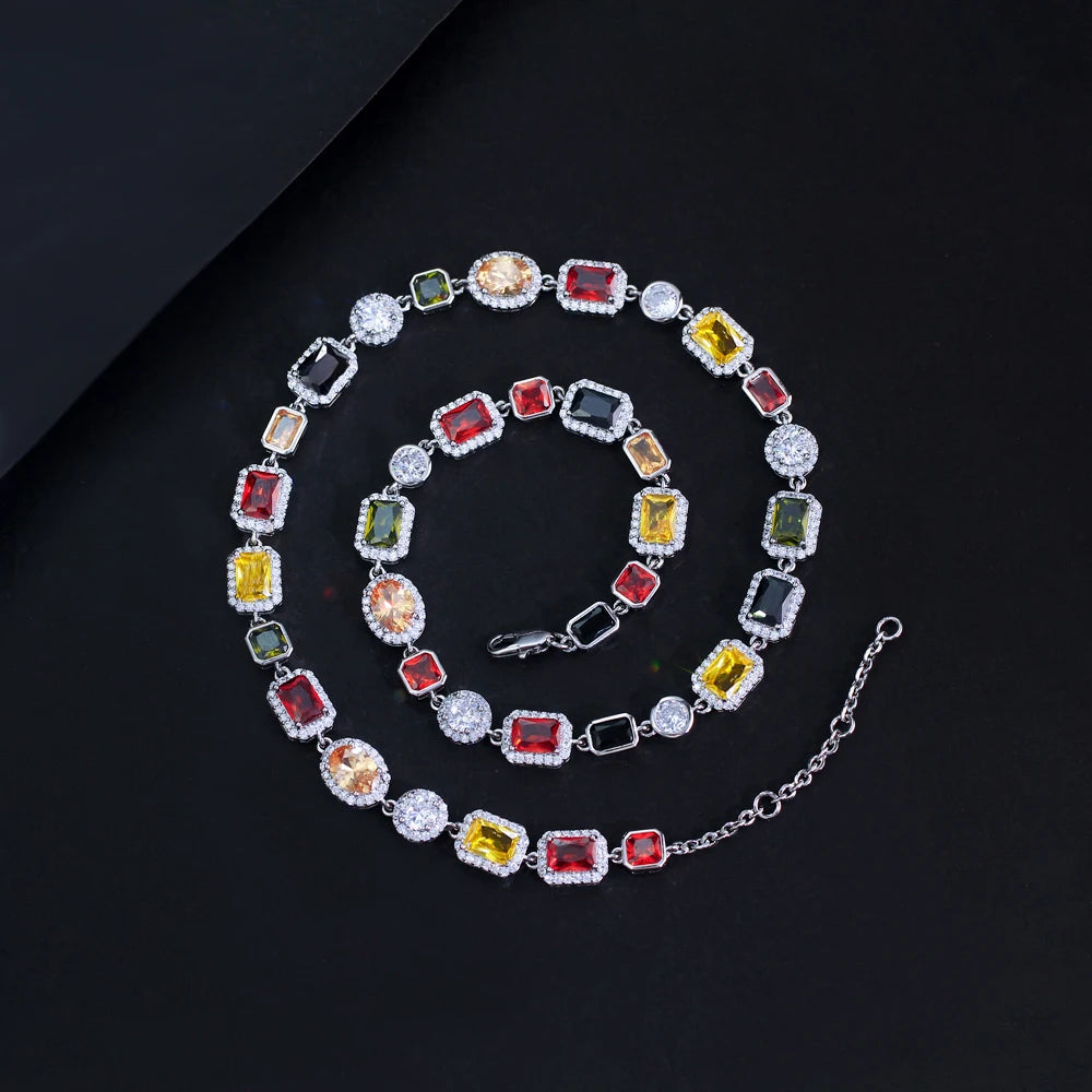 Sparkly Multi Color Zircon Choker Chain Real 18K Gold Plated Brass Jewelry 10MM Colorful CZ Zirconia Necklace for Women Men
