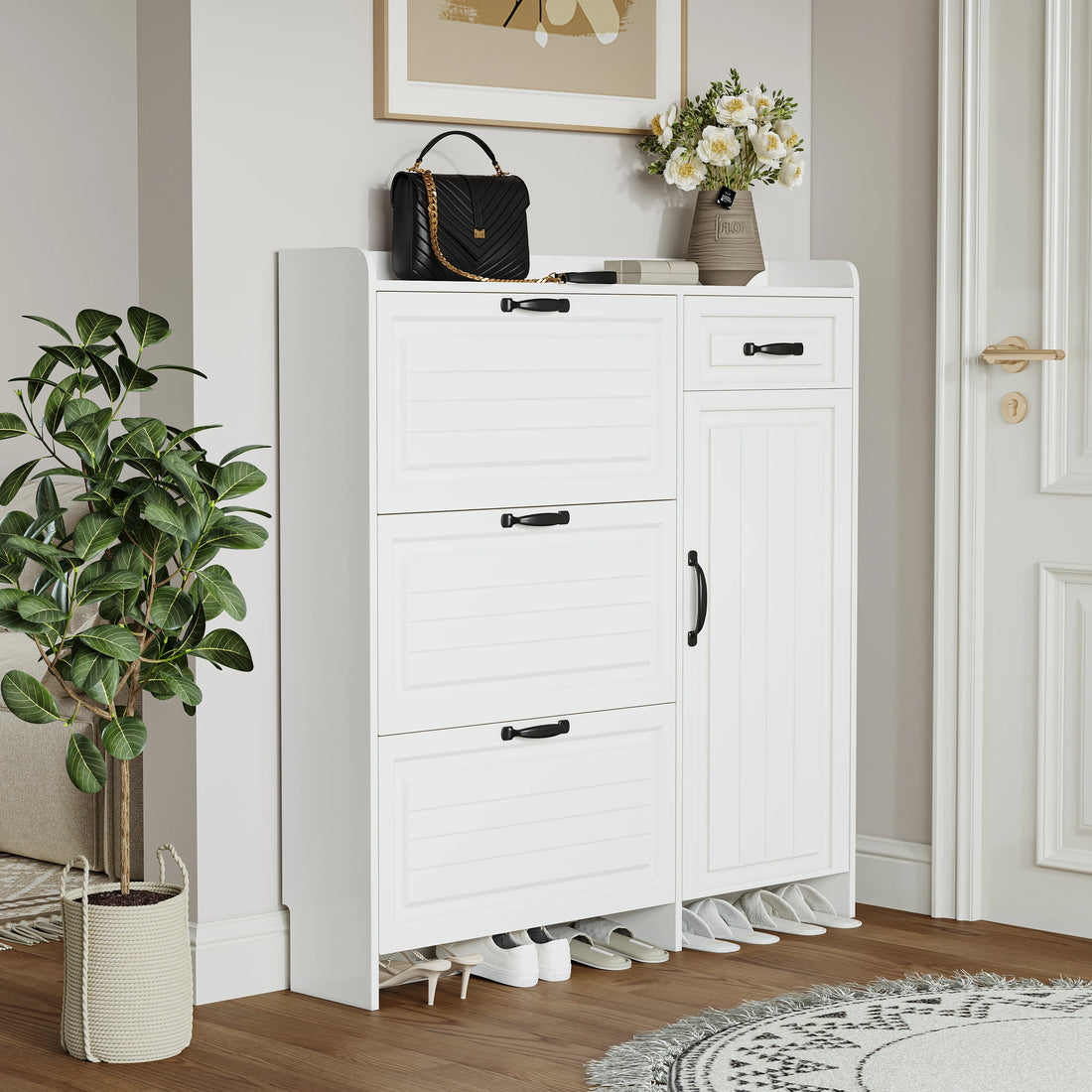 Modern White Wooden Shoe Cabinet with 4 Doors and 1 Drawer Free Shipping Large Storage Space for Living Room Home Furniture