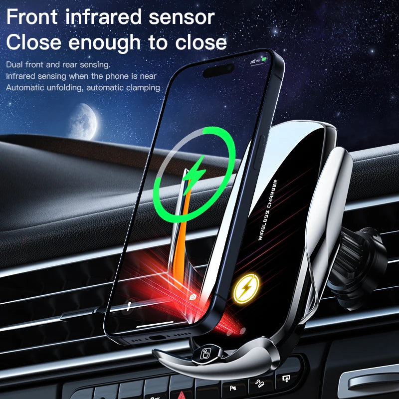 New Fashion 15w Smart Sensor Car Mount Abs Car Phone Holder Wireless Charging Cell Phone Holder With Magnetic Charging Head