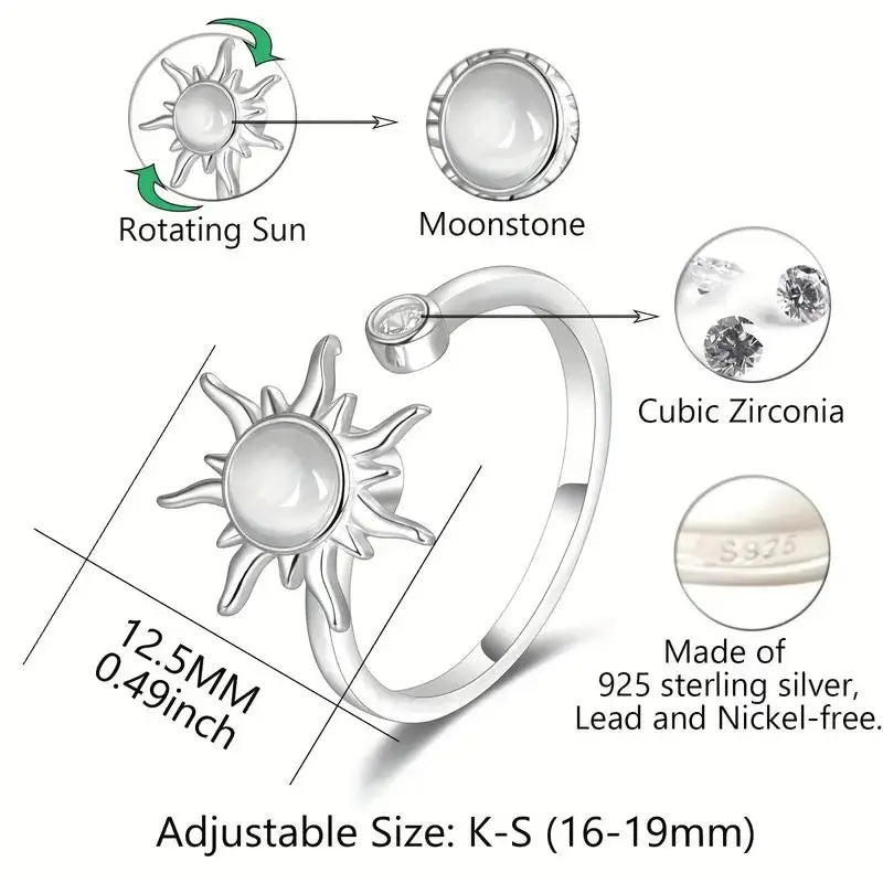 Fine Jewelry Rings Adjustable Opan Band 925 Sterling Silver Ring Moonstone Sunflower Rotating Fidget Design