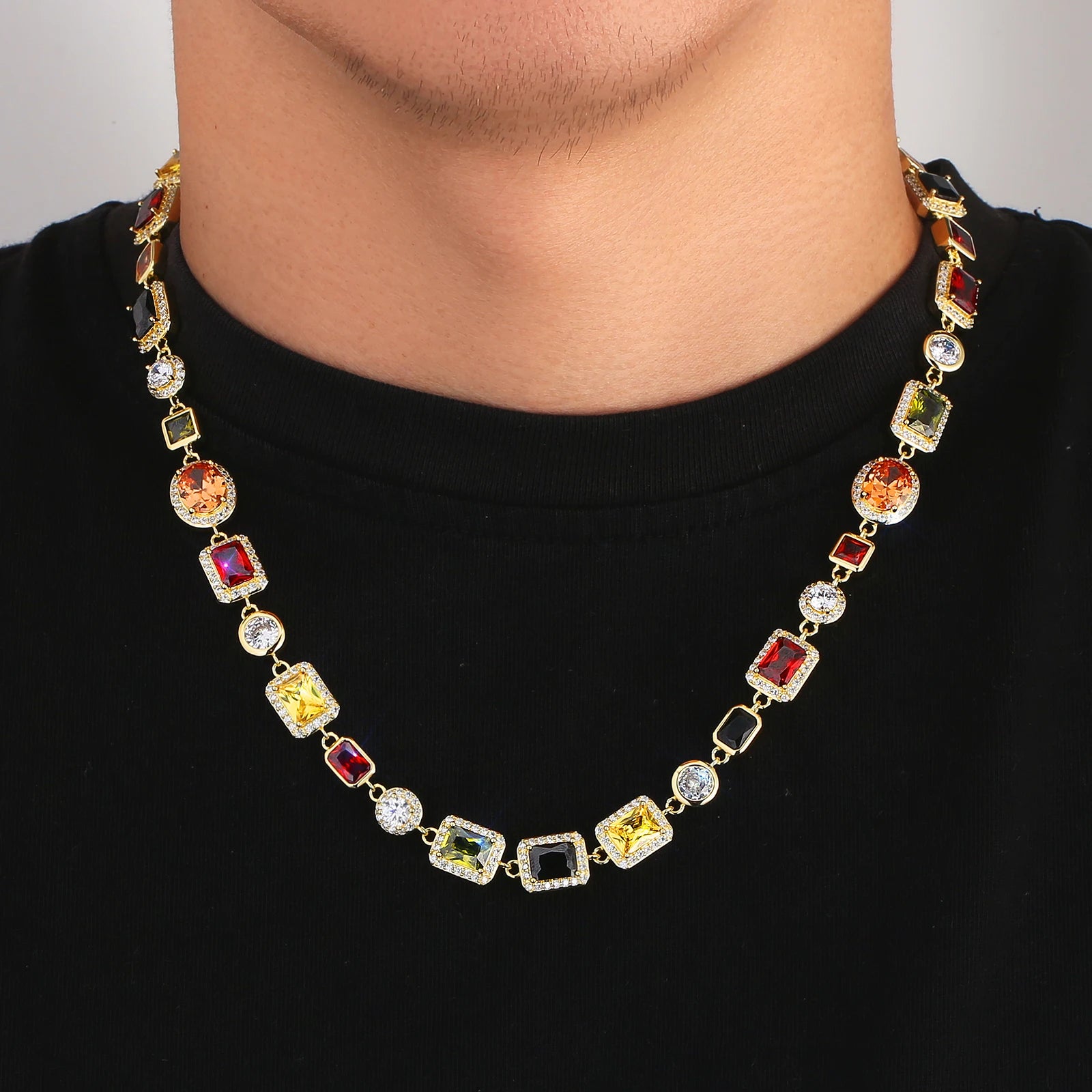 Sparkly Multi Gemstone Choker Chain 18K Real Gold Plated Brass Jewelry 10MM Colorful CZ Rainbow Gem Stone Necklace for Women Men