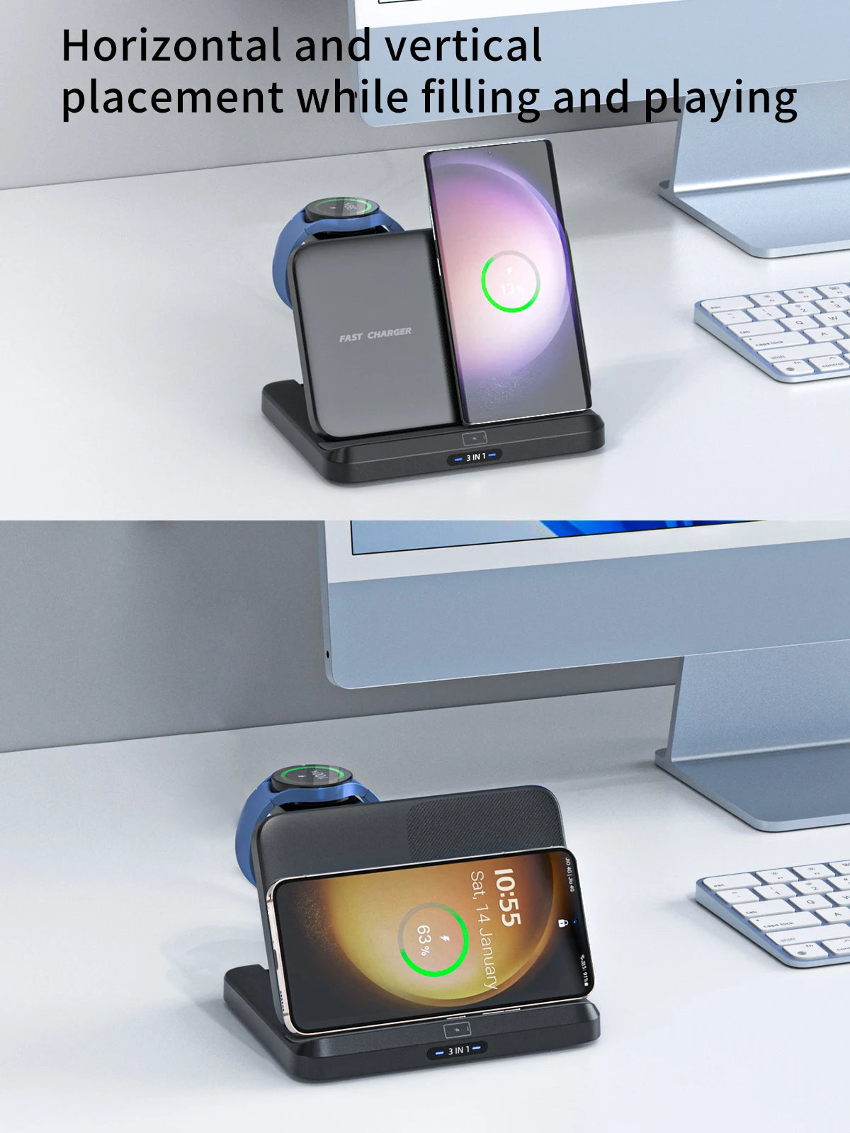 Desk 3 in 1 Wireless Charging Holder Induction 15W Wireless Chargers for Sumsung Dual Coil Foldable Wireless Charger Stand
