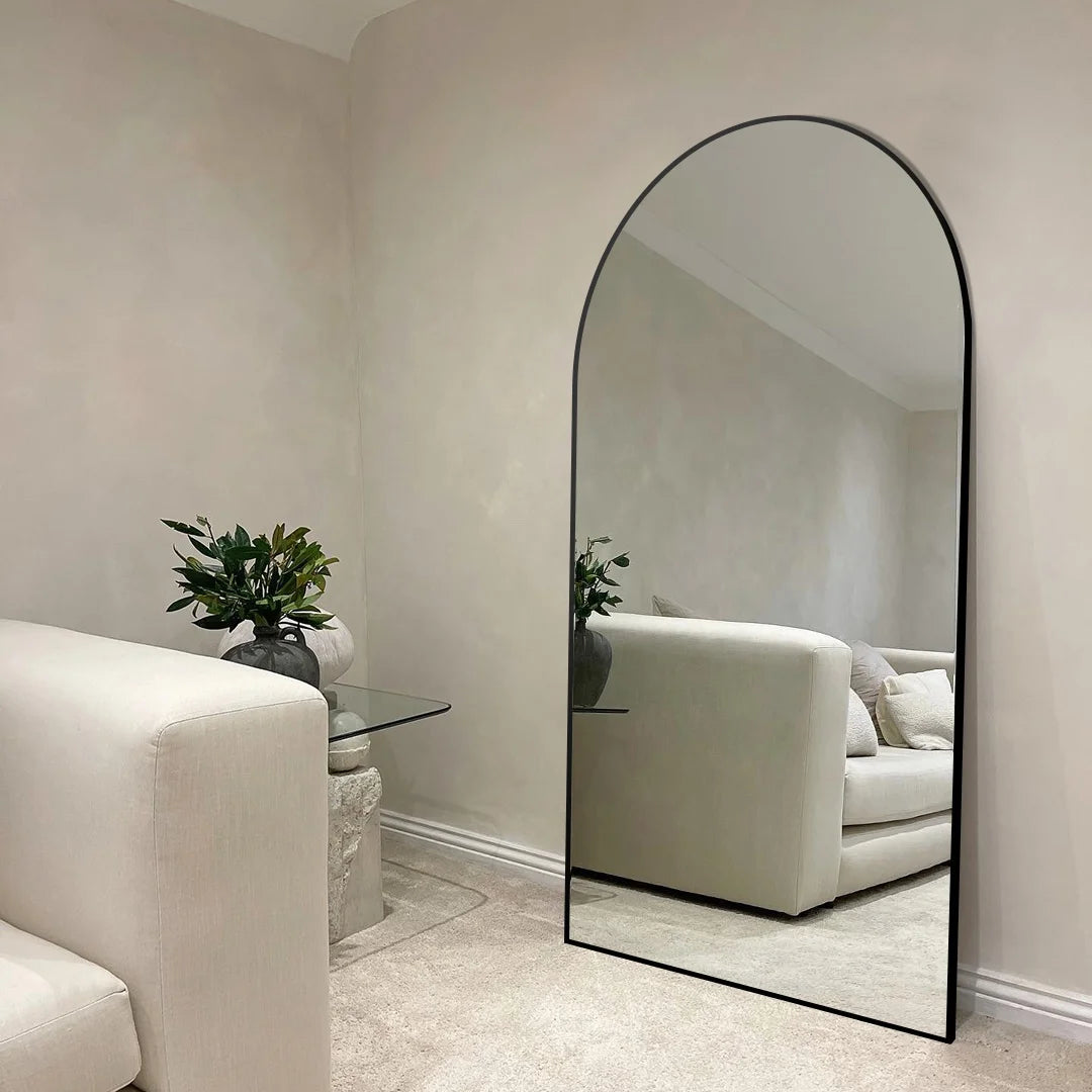 Modern European Extra Large Arch Full Body Length Silver Metal Framed Lighted Decorative Floor Mirror