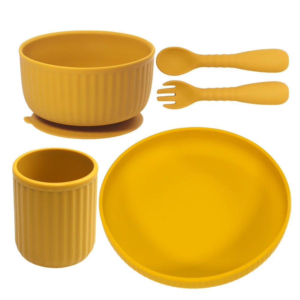 Unbreakable Microwave Safe Slip Resistant Flexible Silicone Baby Toddler Plate Suction Bowl Spoon and Fork Feeding Set