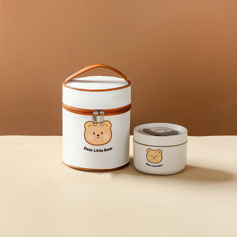 Cute Kid-Sized School Lunch Box Portable 304 Stainless Steel Vacuum Soup Container with Insulated Bag for Hot Food Storage
