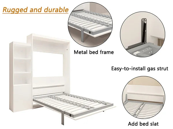 US in Stock Queen Size Modern Design Wood Frame Foldable Shelf Drawers Bedroom Guestroom White Wall Bed Space Saving Hidden Bed