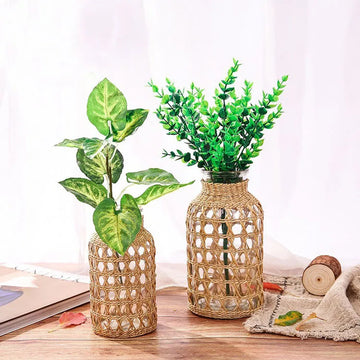 Home Decoration American Style Rustic Clear Woven Linen Woven Vase Glass for Garden Lass Rattan Vase