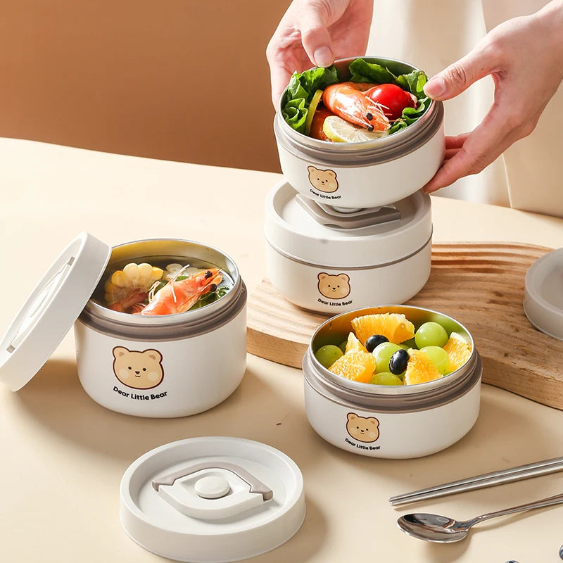 Cute Kid-Sized School Lunch Box Portable 304 Stainless Steel Vacuum Soup Container with Insulated Bag for Hot Food Storage