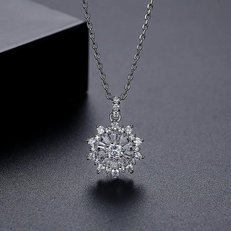 LUOTEEMI Women Pendant Necklace Jewelry Rhodium Plating With 3A Cubic Zircon Crystal Flower Necklace