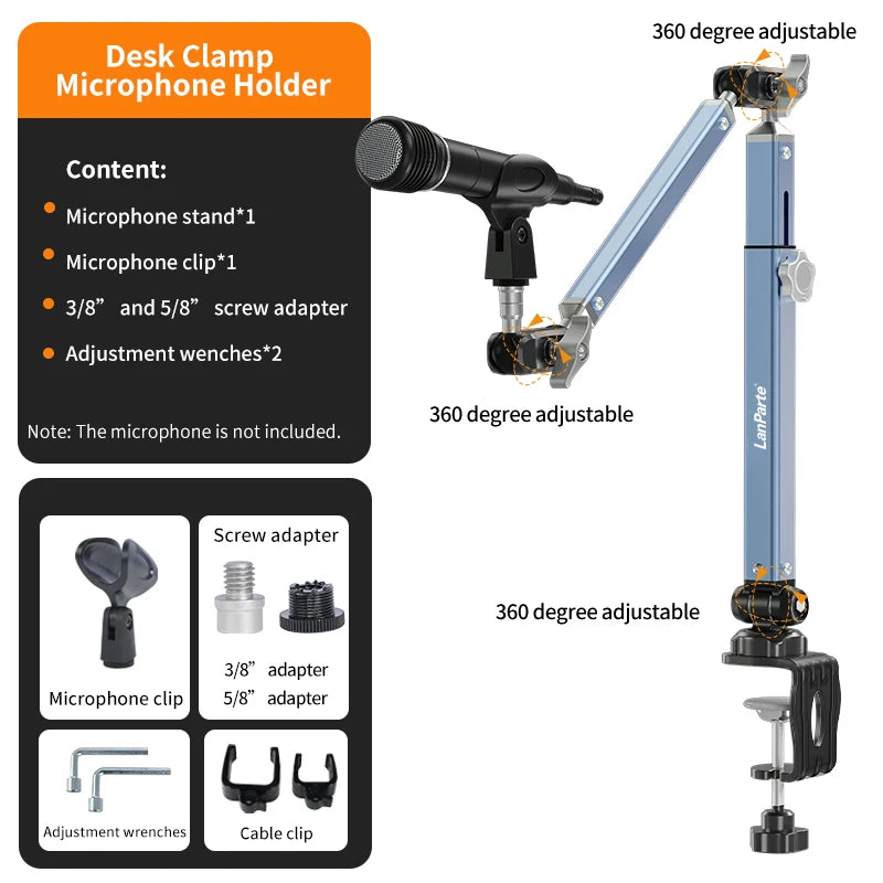 LanParte Aluminum Alloy 360 Degree Adjustable Podcast Microphone Stand Holder with Desktop Clamp Mount