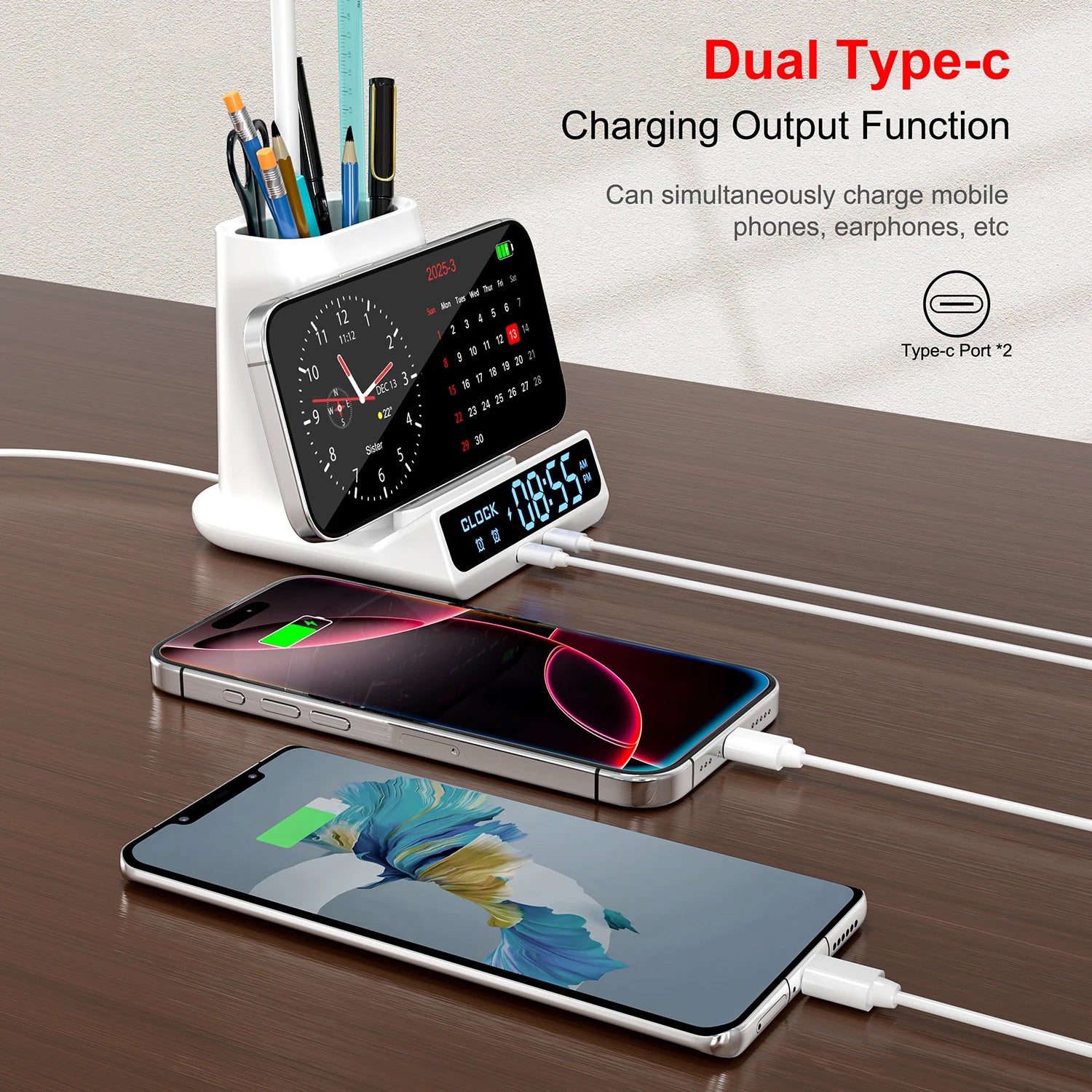 Excluded From Sale in India-5in1 Table Desk Lamp Alarm Clock Wireless Charger Wireless Charging Station 15W With Pen Holder