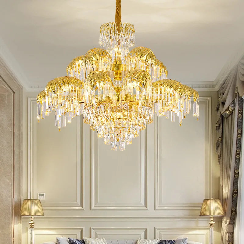 Large Classical 2 Layers Palm Tree Brass and Crystal Chandelier for Hotel