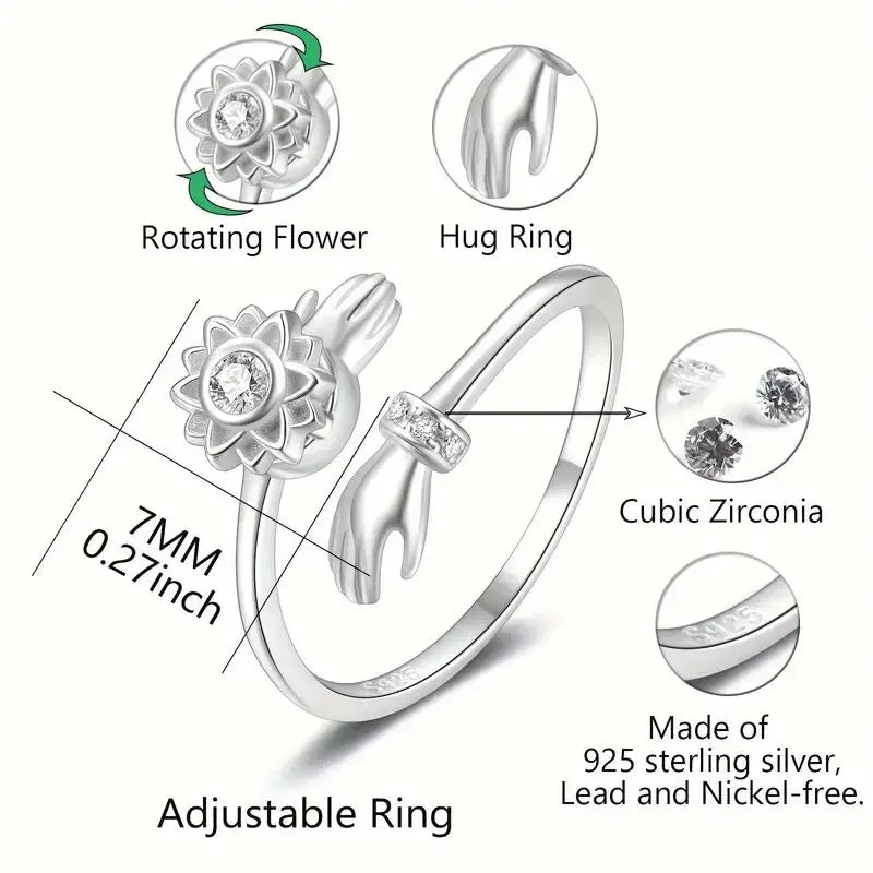 Adjustable Anxiety Fidget Spinner Rings S925 Sterling Silver Fine Jewelry Flower Open Rings for Women
