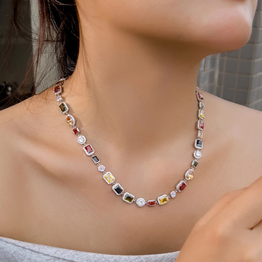 Sparkly Multi Color Zircon Choker Chain Real 18K Gold Plated Brass Jewelry 10MM Colorful CZ Zirconia Necklace for Women Men